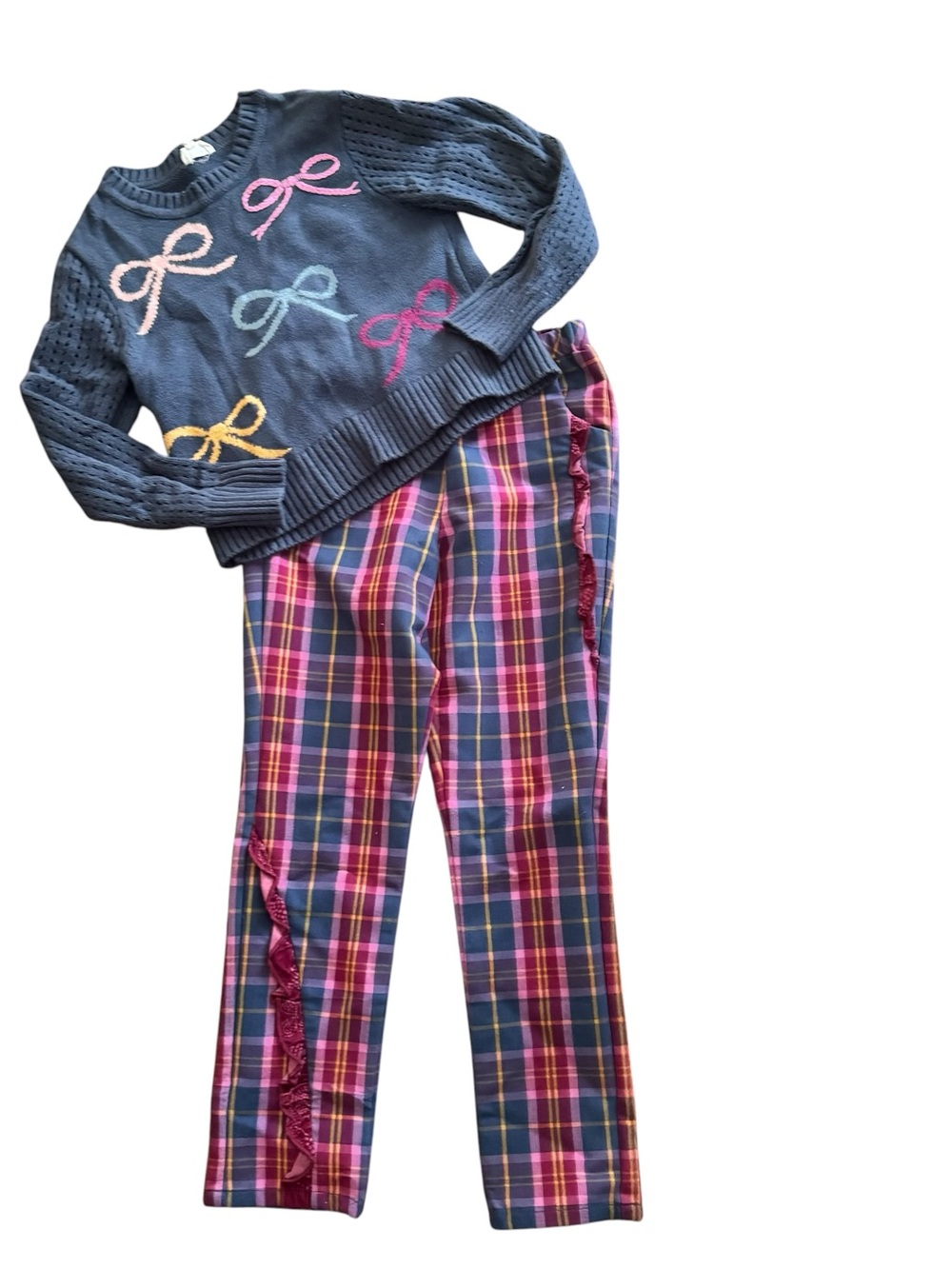 Finding Foxtail Girls Navy Bow Sweater with Pink Plaid Pants Set, Size 8